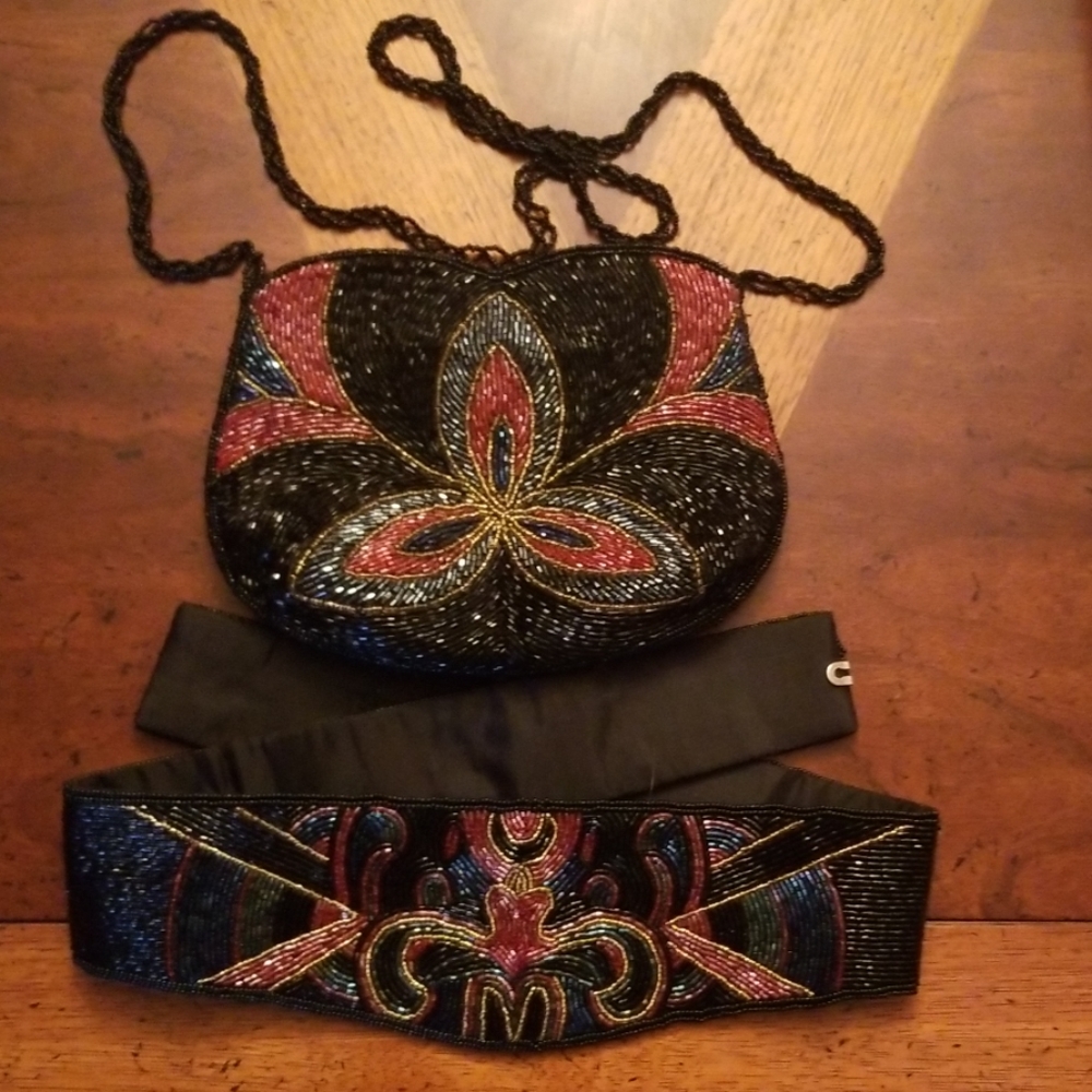 Hand beaded ladies belt and handbag